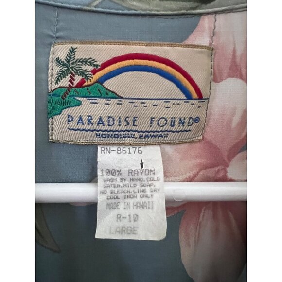 Vintage Paradise Found Blue Floral Hawaiian Button Up Shirt Large Pocket USA - Picture 6 of 6